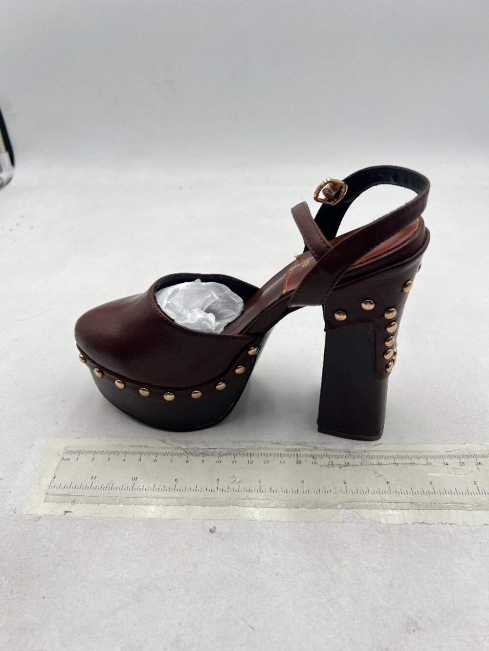 FSJ Brown Platform Chunky Heeled Sandals Studded, Ankle Strap Buckle, Shoe